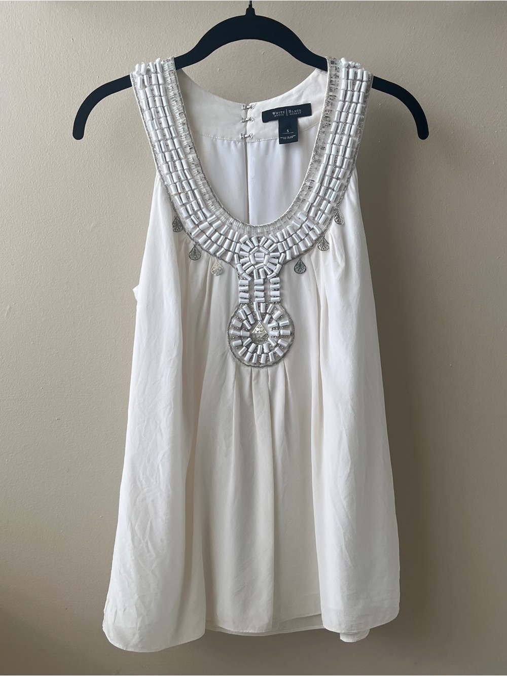 White House Black Market Ivory Bohemian Embellished Silk Blouse- Small